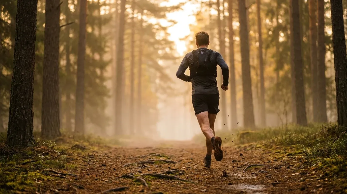 Trail runner captured mid-stride at dawn, jogging through a misty pine forest bathed in warm golden morning light.