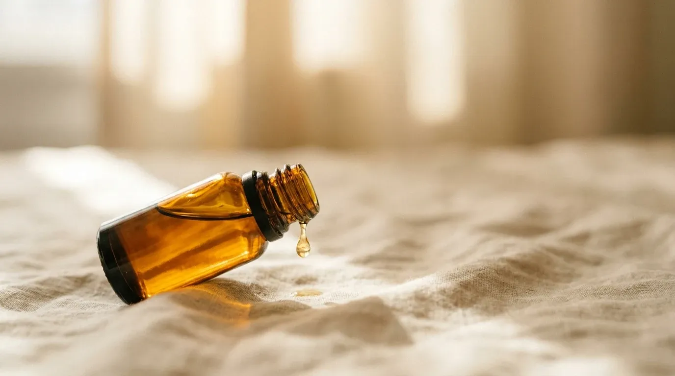 Amber glass dropper bottle with golden liquid and suspended drop on warm cream fabric.