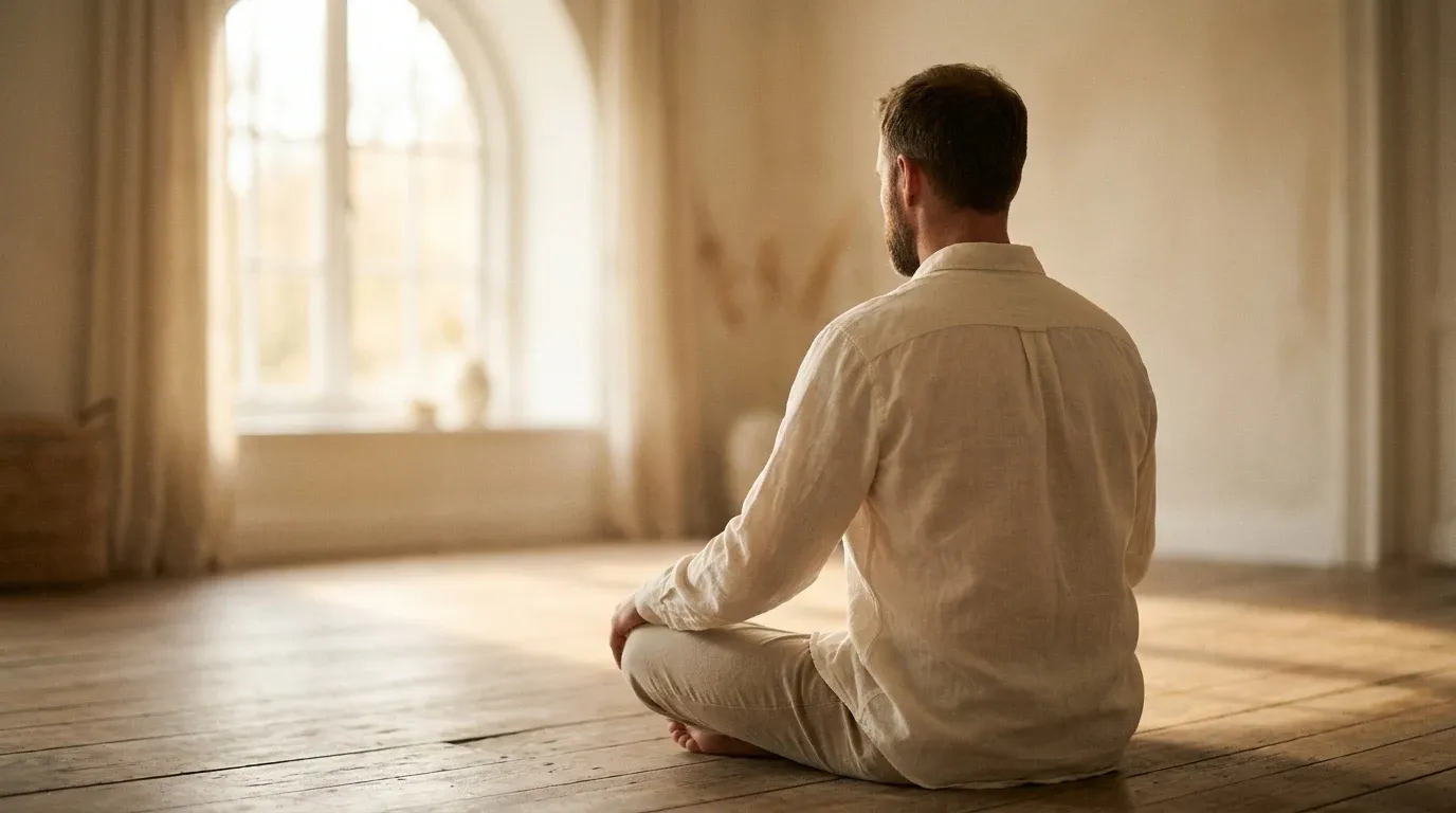 Man seated cross-legged on a wooden floor in soft golden light, viewed from behind.