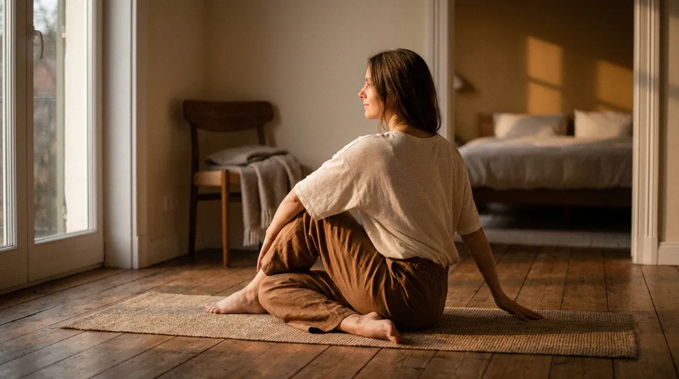 Woman in linen pants performing a seated spinal twist on a yoga mat by a window in warm evening light.