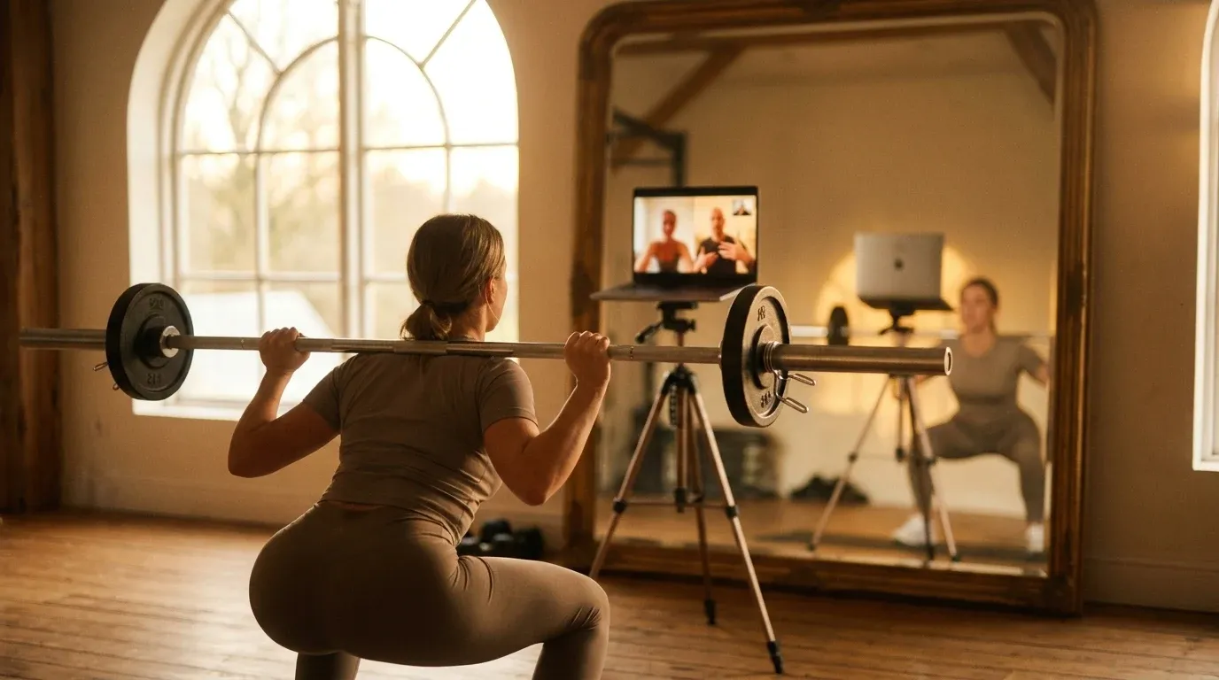 A client performs a barbell squat in a warmly lit gym, with an online trainer visible in a mirror's reflection.