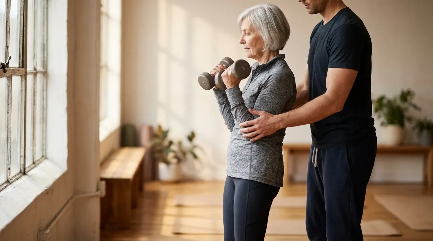 A trainer spots an older woman in her seventies performing a controlled dumbbell curl in a sunlit gym.