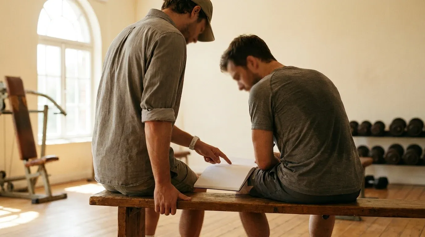 A personal trainer and client review a notebook together on a gym bench in warm natural light.