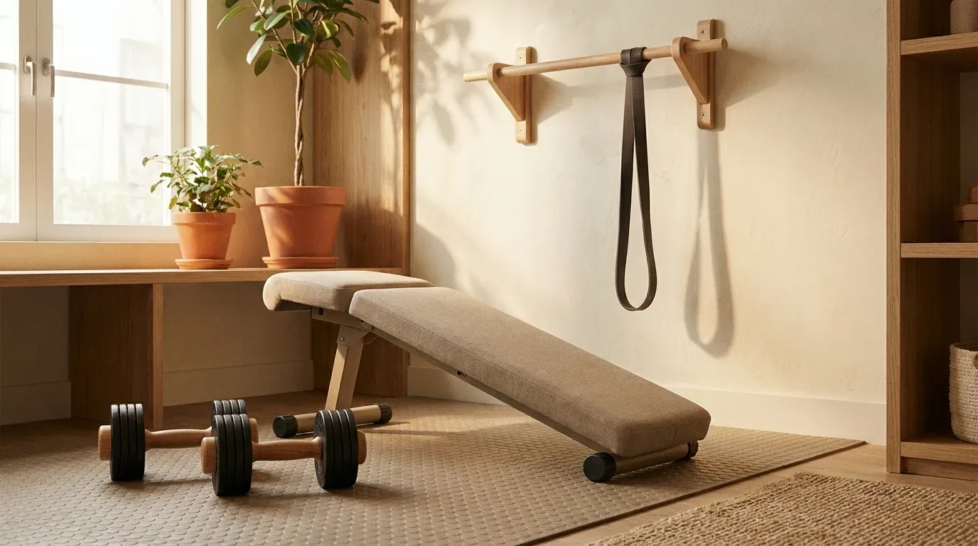 Compact home gym corner with dumbbells, bench, and pull-up bar in warm natural light.