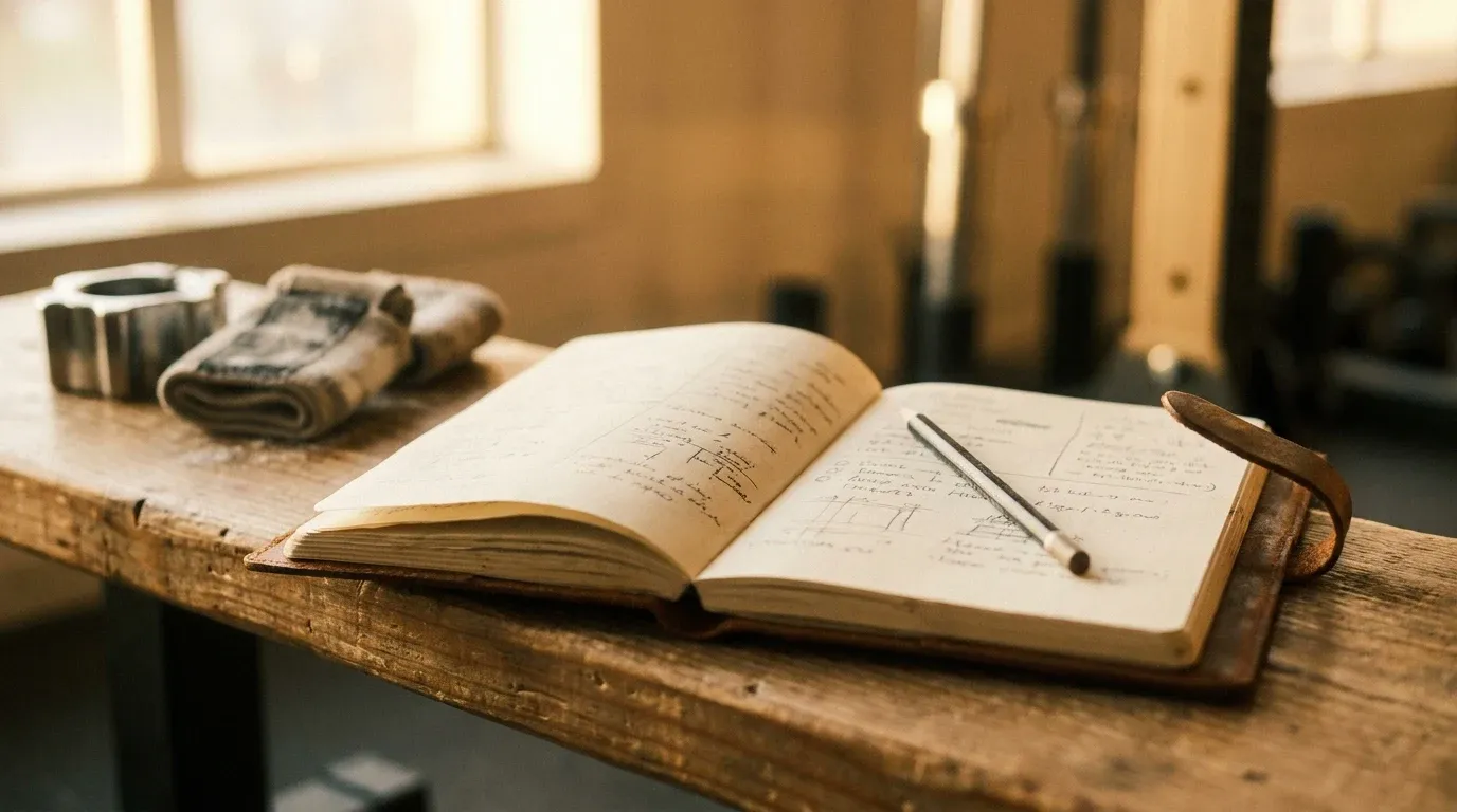 An open training journal with handwritten notes on a gym bench, pencil and equipment softly blurred in background.