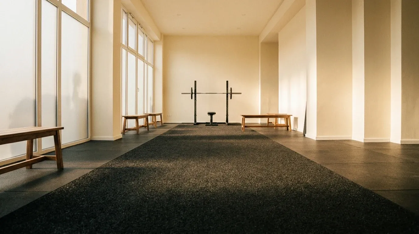 Minimalist gym interior with a single barbell in the distance, bathed in soft natural golden light and clean architectural space.