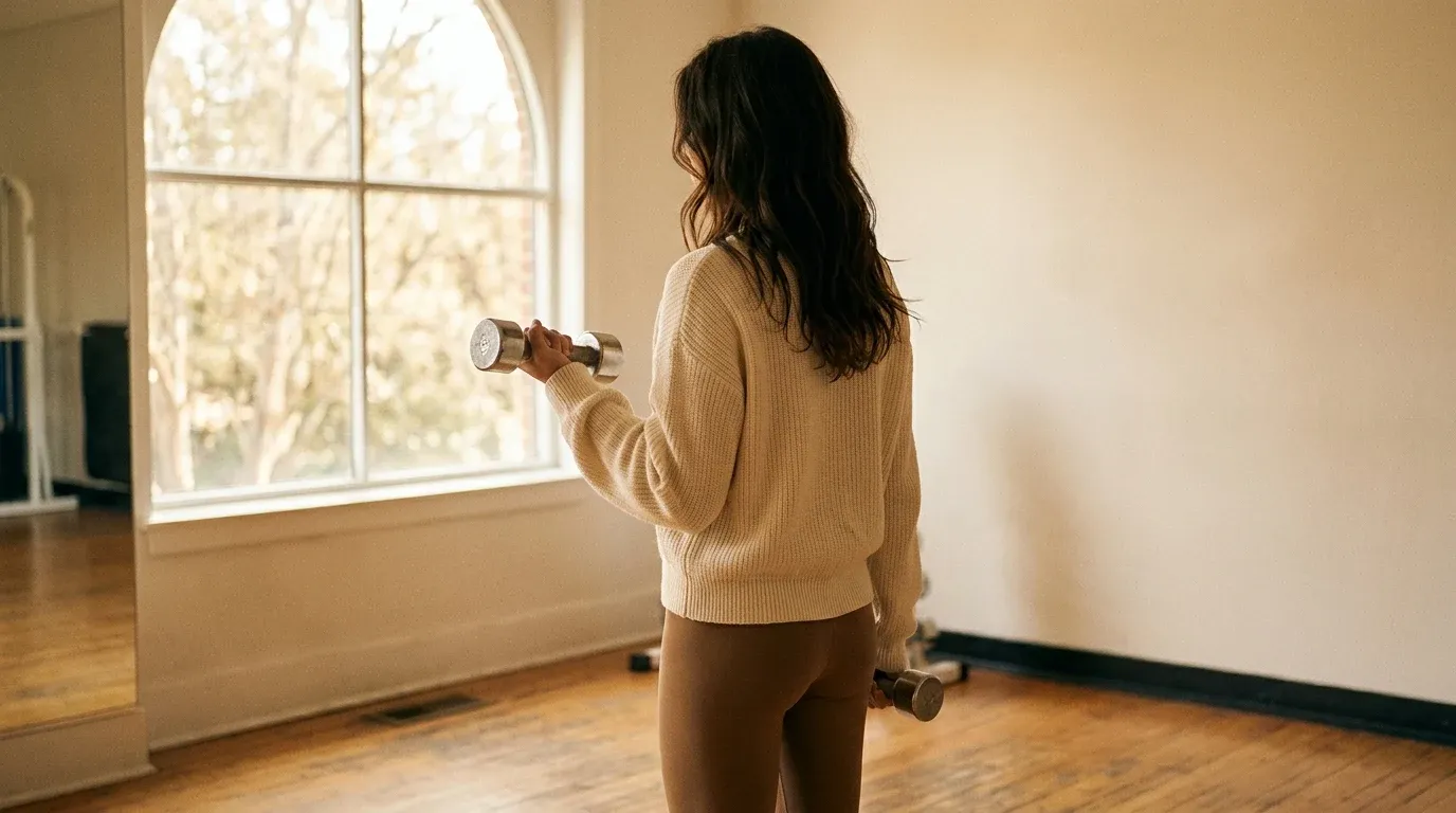 Woman performing a controlled light dumbbell curl in a calm gym setting with warm natural light.