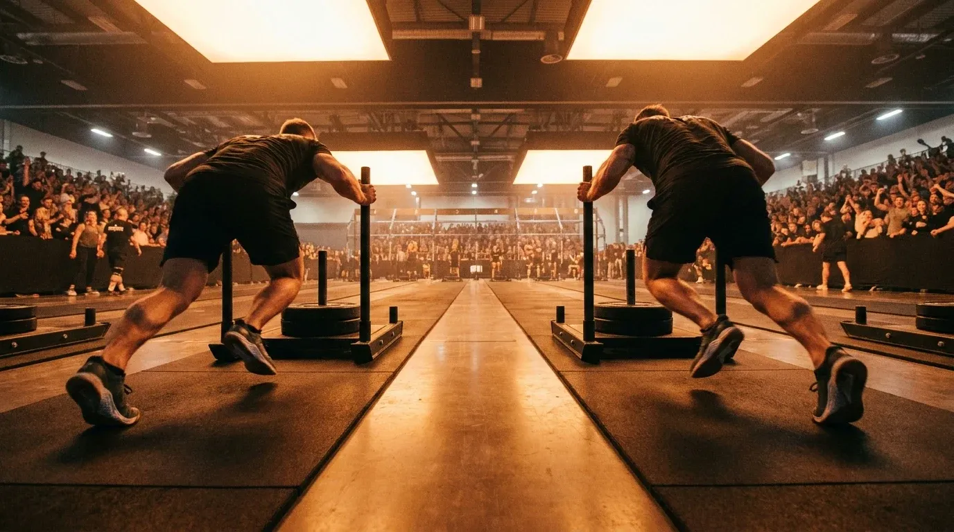 Two HYROX competitors push weighted sleds in parallel lanes during an indoor arena race.