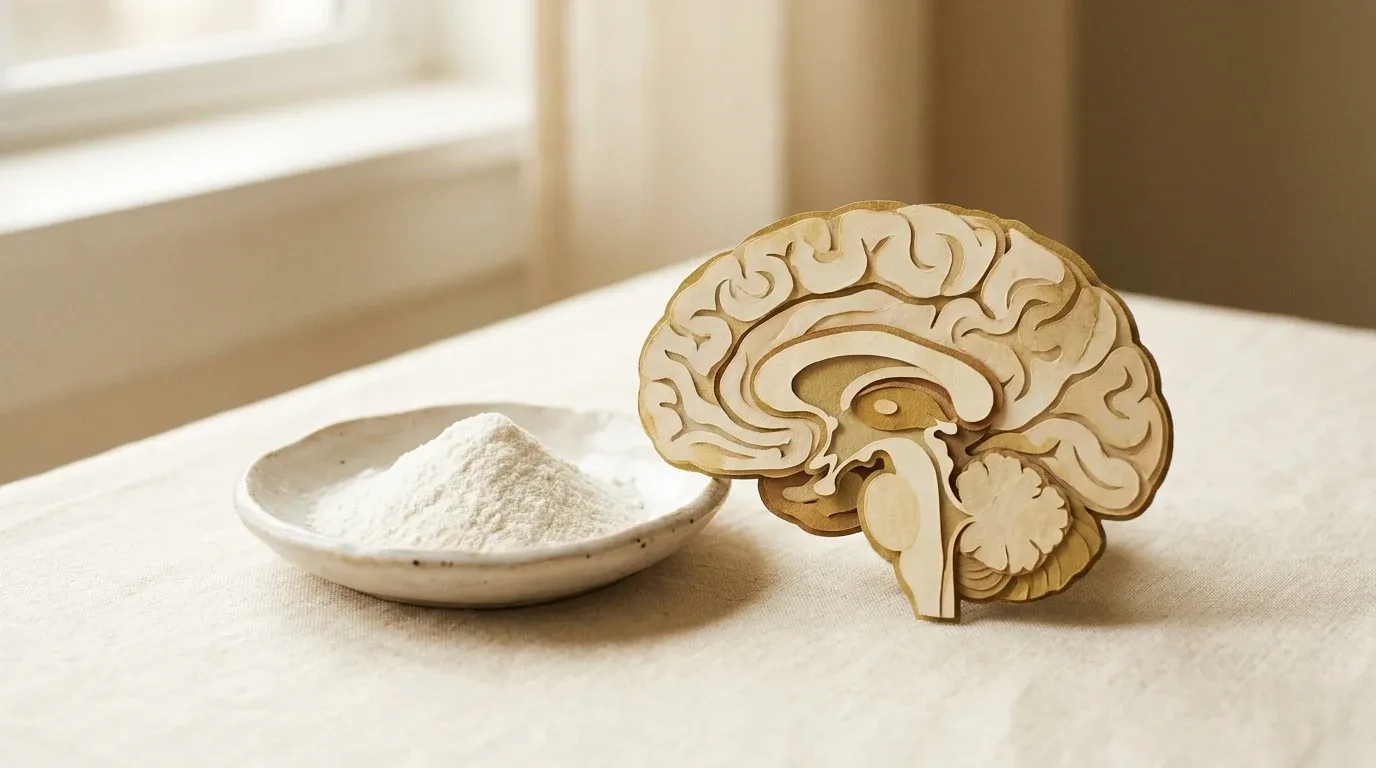 White creatine powder beside a paper-cut brain illustration on a warm cream background.