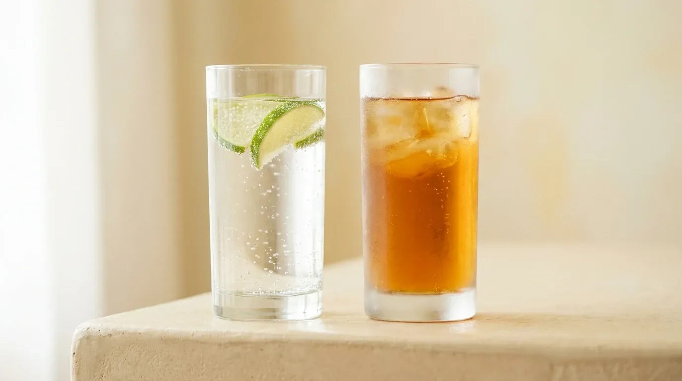 Clear sparkling water glass and frosted diet soda glass side by side with condensation in warm light.