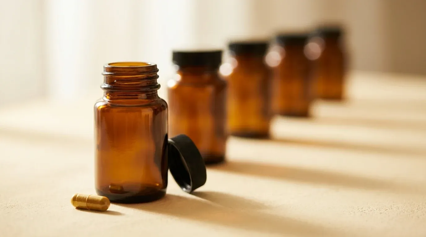 Row of amber supplement bottles in perspective with a capsule resting on a warm cream surface.