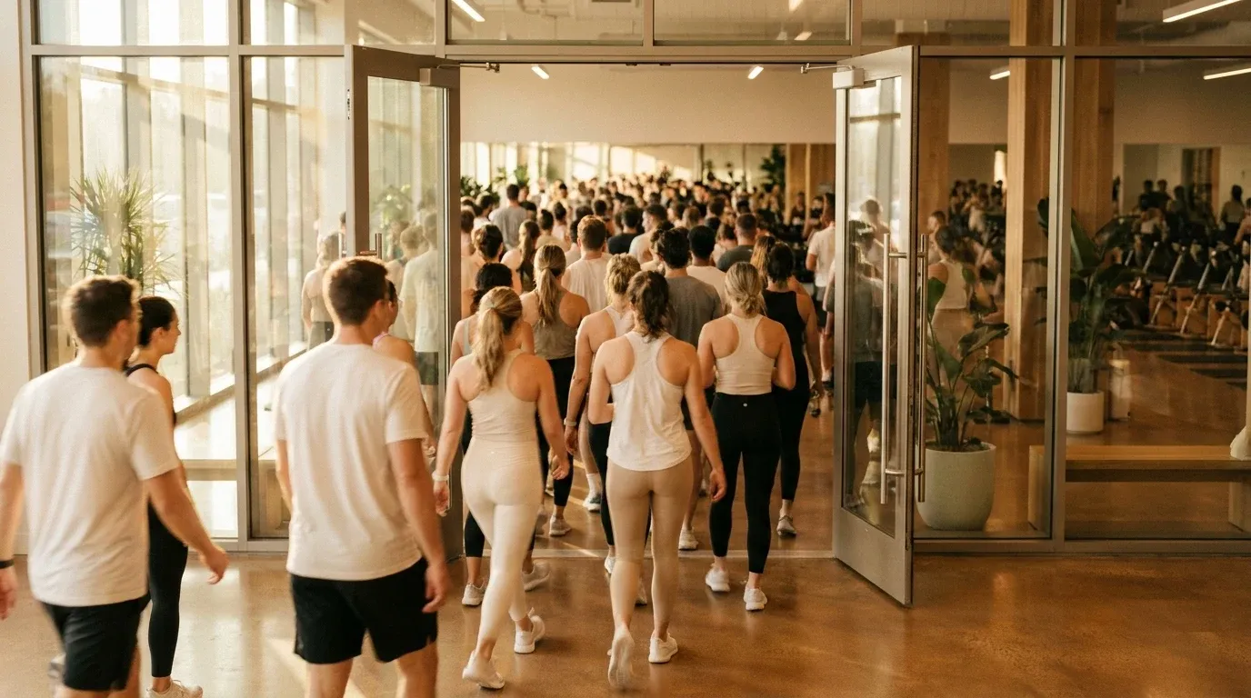 Dense crowd of gym members streaming through glass doors into a modern gym in warm morning light.
