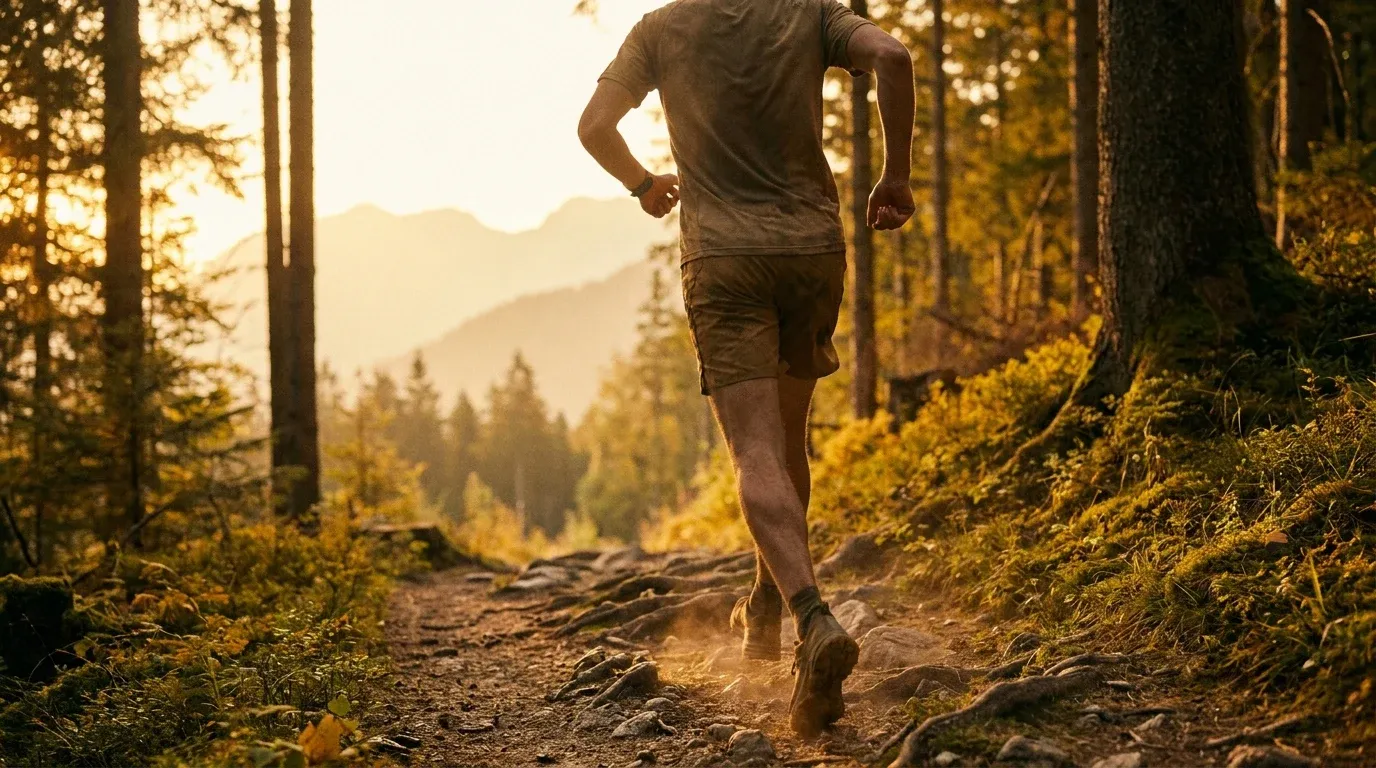 Solo trail runner mid-stride on a rocky Alpine singletrack surrounded by dense Bavarian forest.