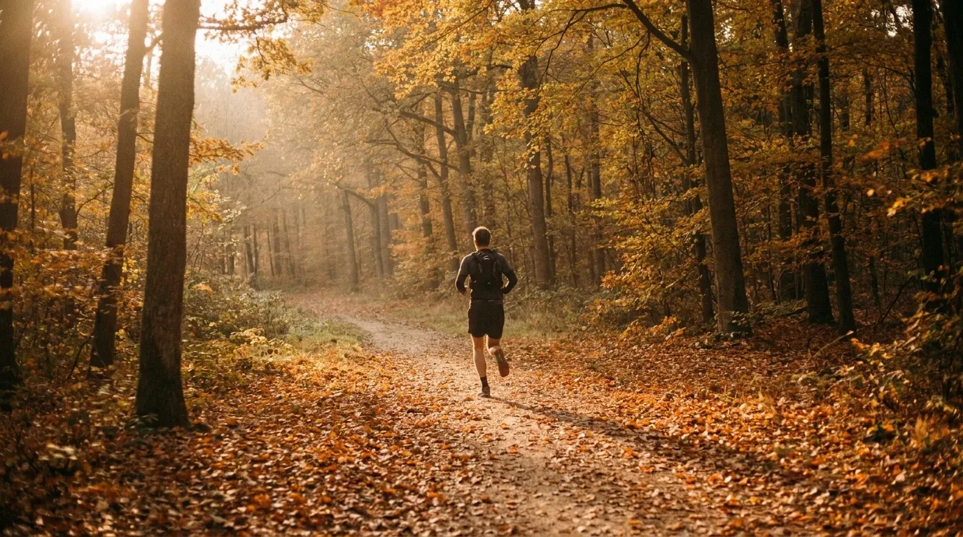Trail runner jogging alone on a winding mountain path surrounded by golden autumn forest.