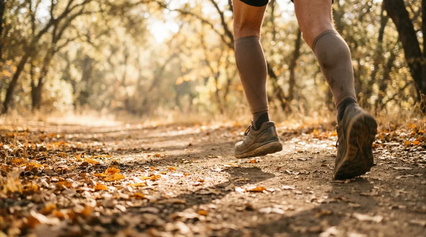 Trail runner's legs mid-stride on a sun-dappled autumn path through golden oak woodland.