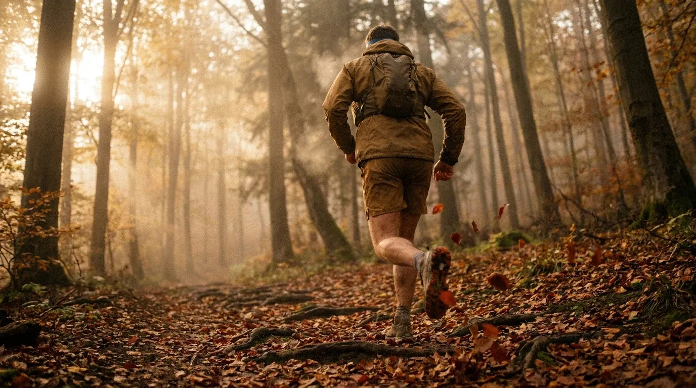 An ultramarathon runner descends a steep autumn trail surrounded by golden morning mist and fallen leaves.
