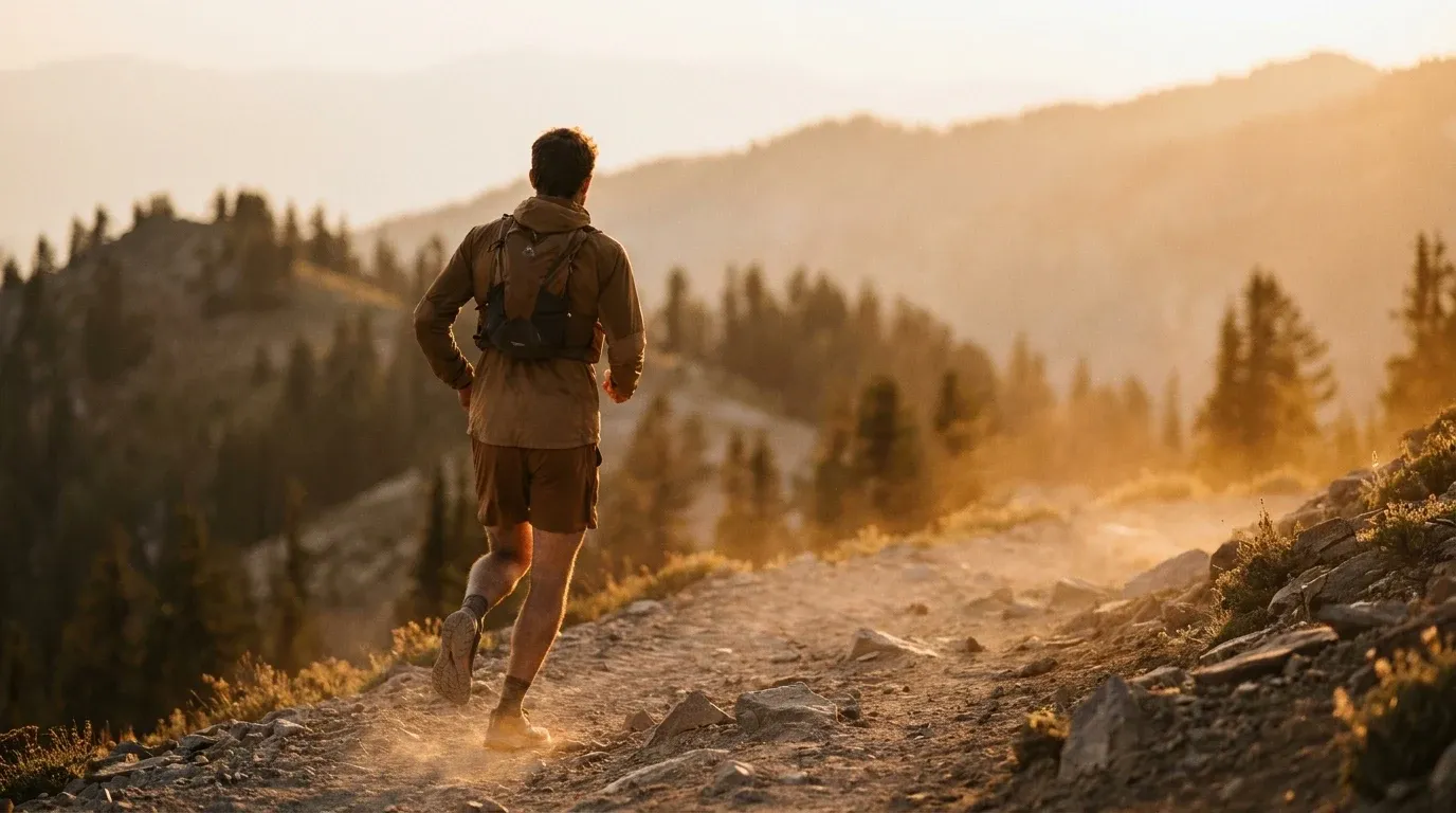 Solo runner mid-stride on a mountain trail at golden hour, surrounded by vast alpine landscape and distant ridgelines.