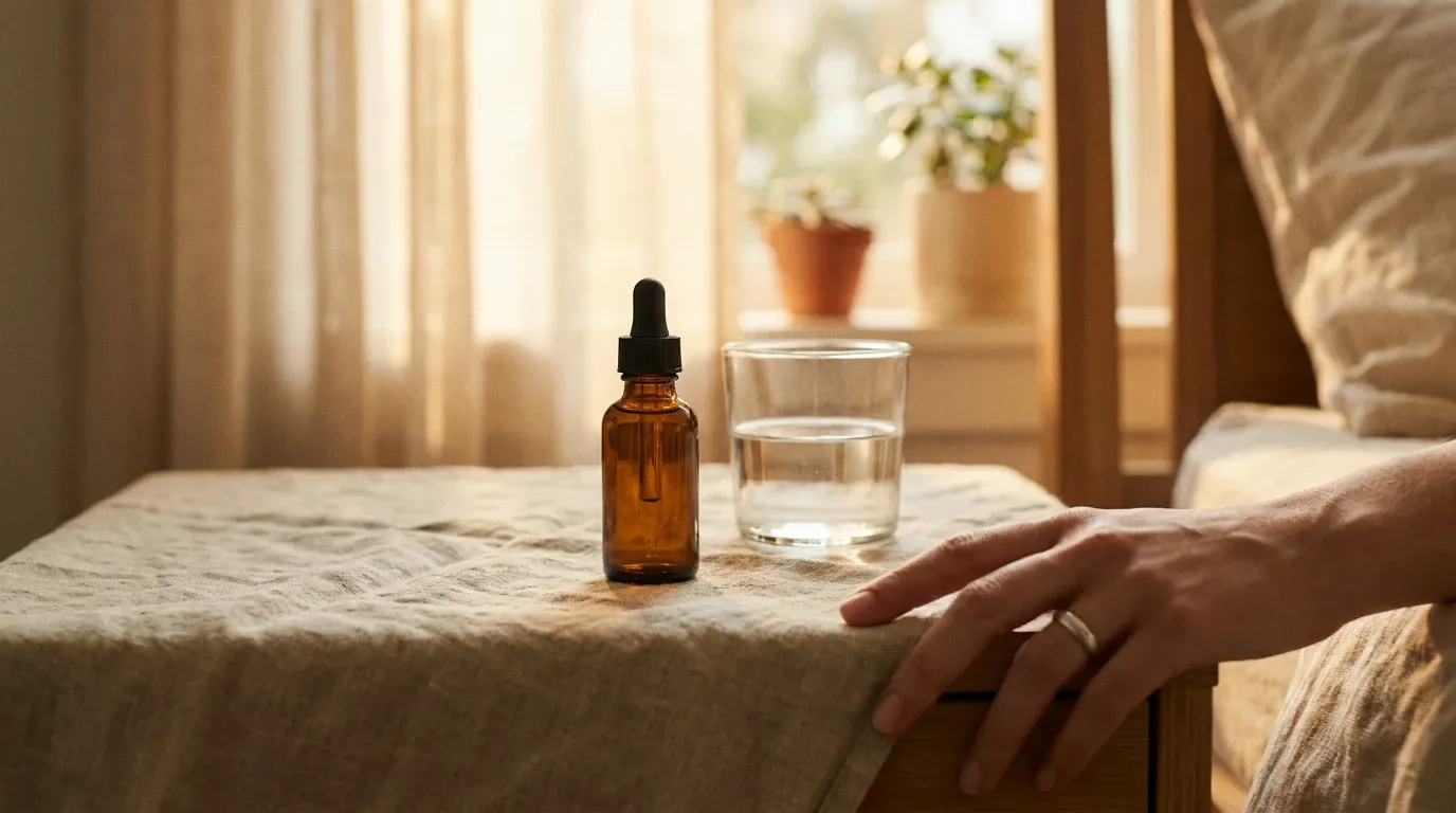Amber dropper bottle on a linen nightstand with a glass of water and relaxed hand in warm morning light.