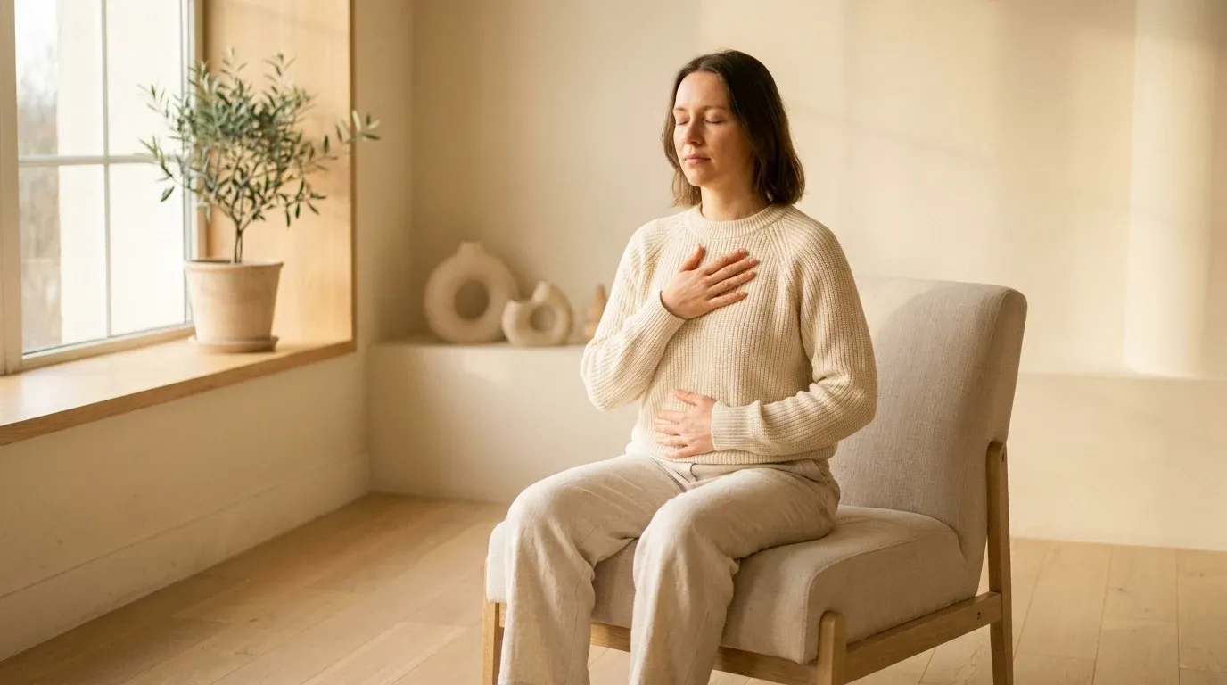 Person seated practicing diaphragmatic breathing with hands on chest and belly in warm natural daylight.