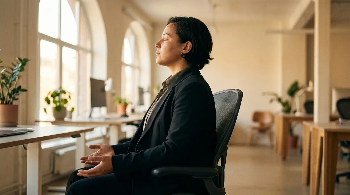 Person seated with eyes closed practicing deep breathing in a calm office environment.