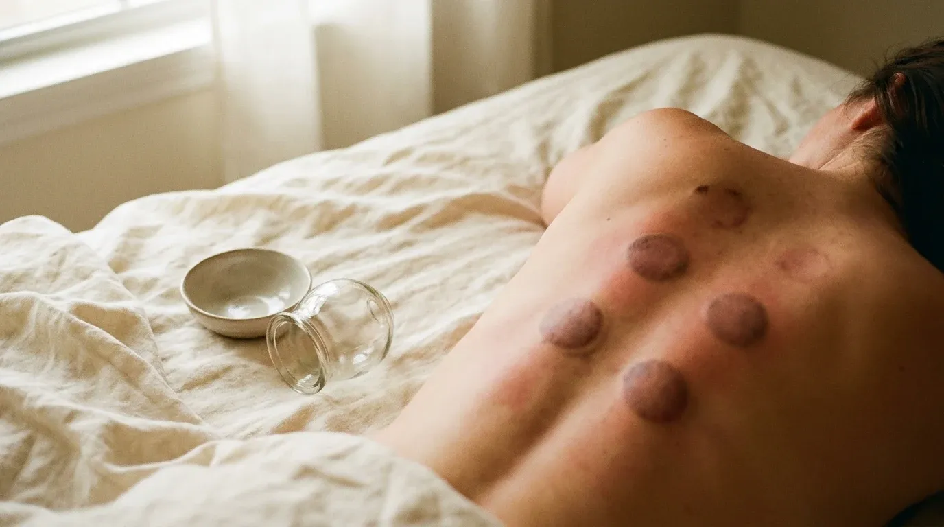 Cupping marks visible on a person's back lying on cream linen with soft natural morning light.