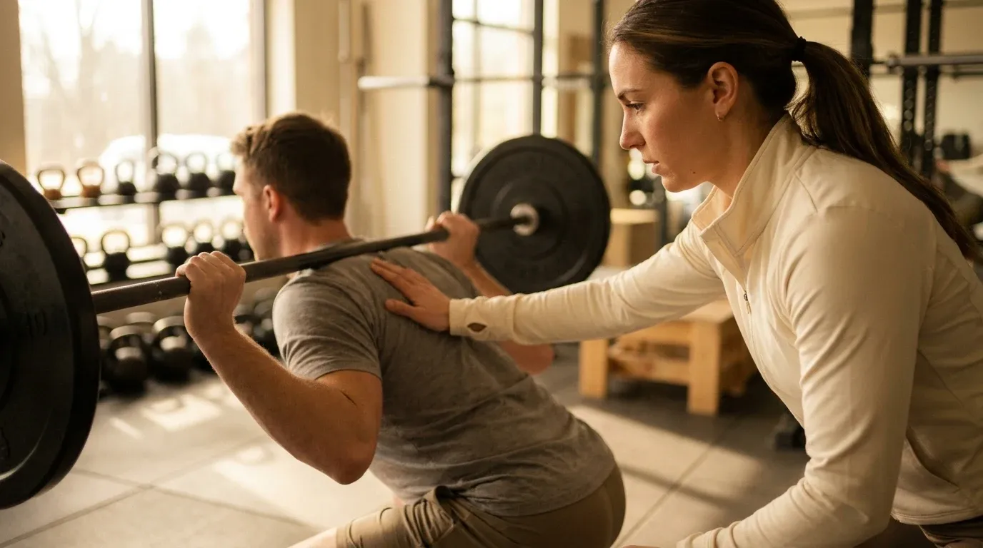 A personal trainer guides a client's barbell squat form with a corrective touch in warm golden gym light.