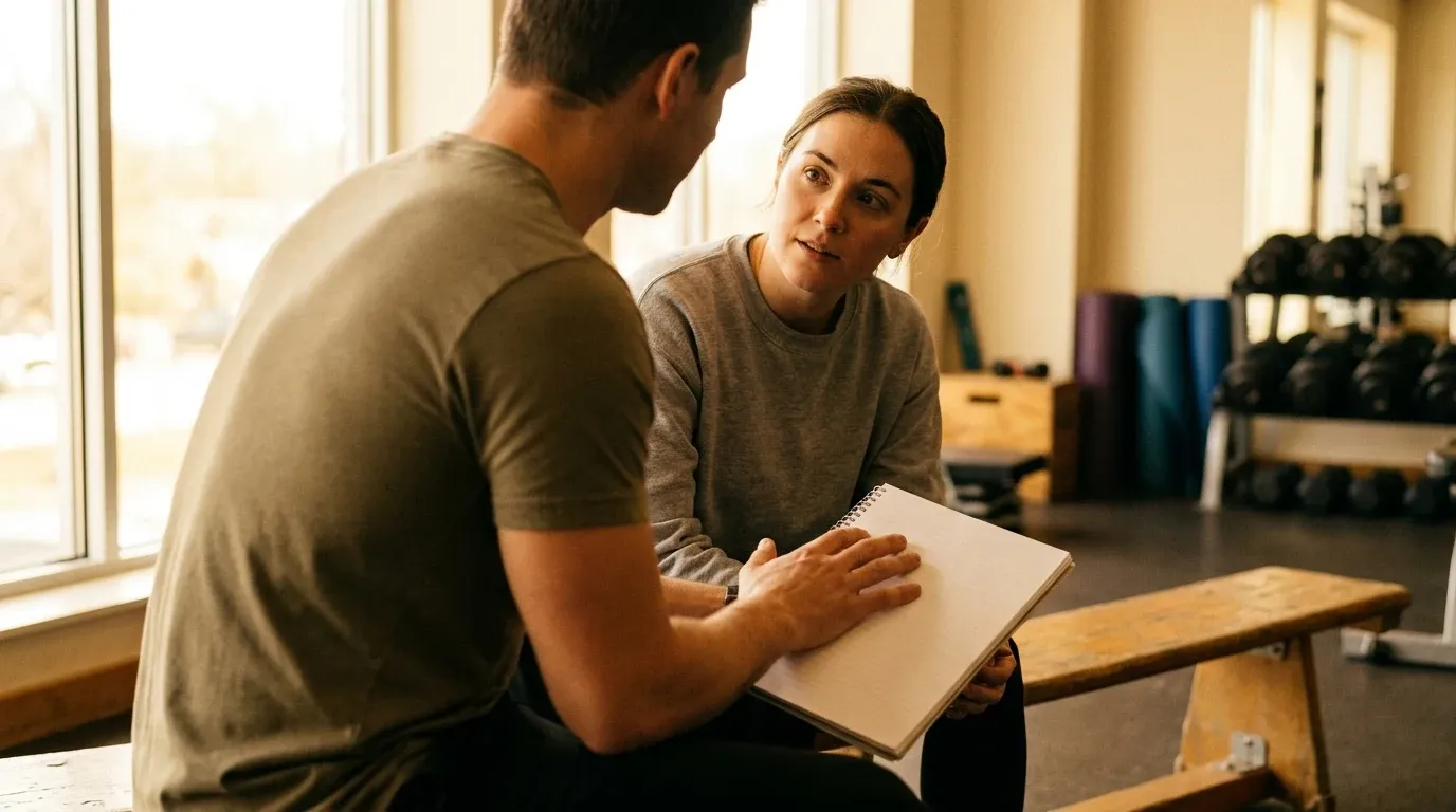 A personal trainer listens attentively to a client seated on a gym bench, bathed in warm natural golden light.