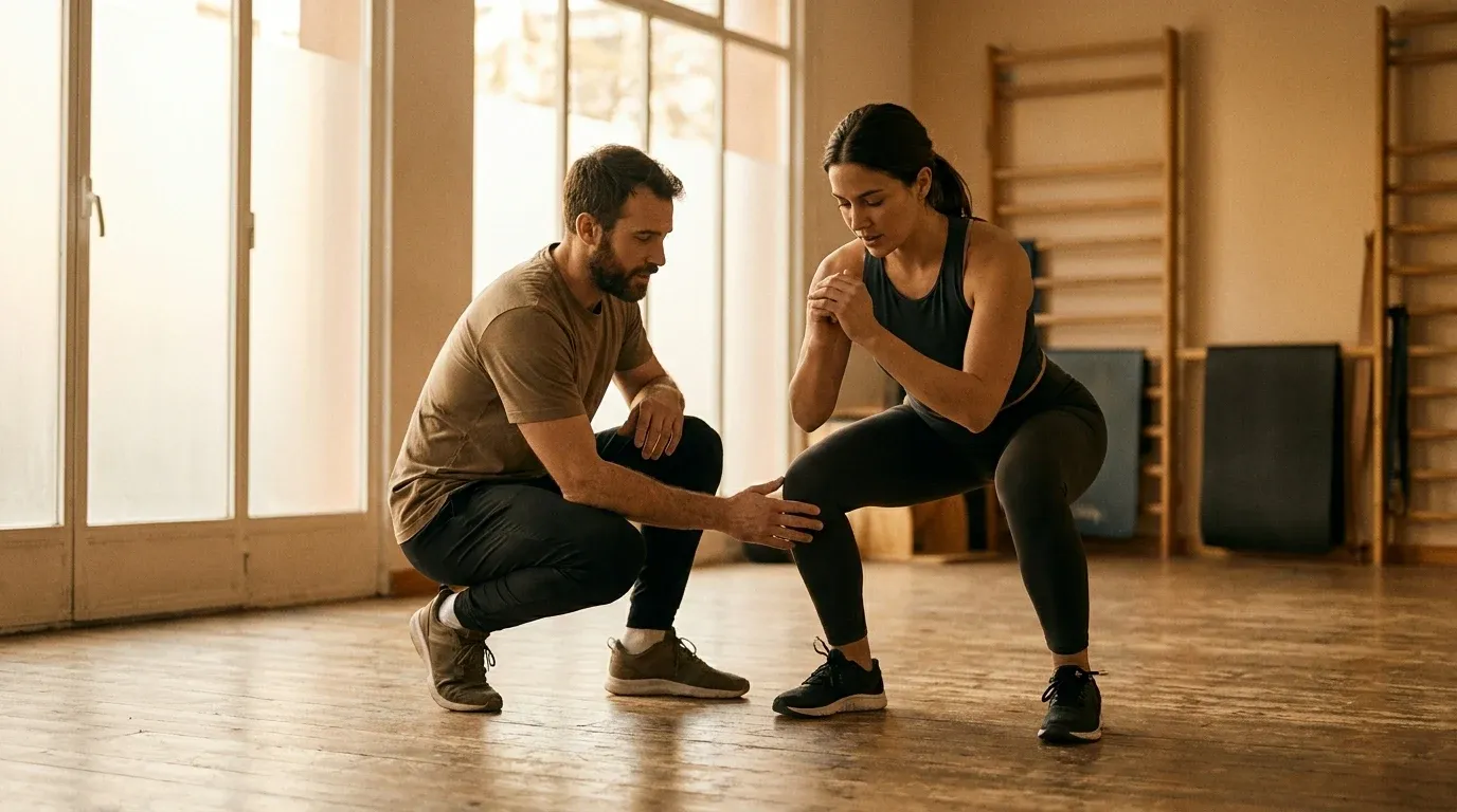 A trainer corrects a client's knee alignment during a squat in a gym bathed in warm natural light.