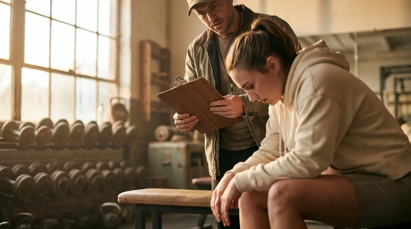 A attentive coach observes a frustrated athlete sitting on a weight bench in a gym bathed in warm golden light.