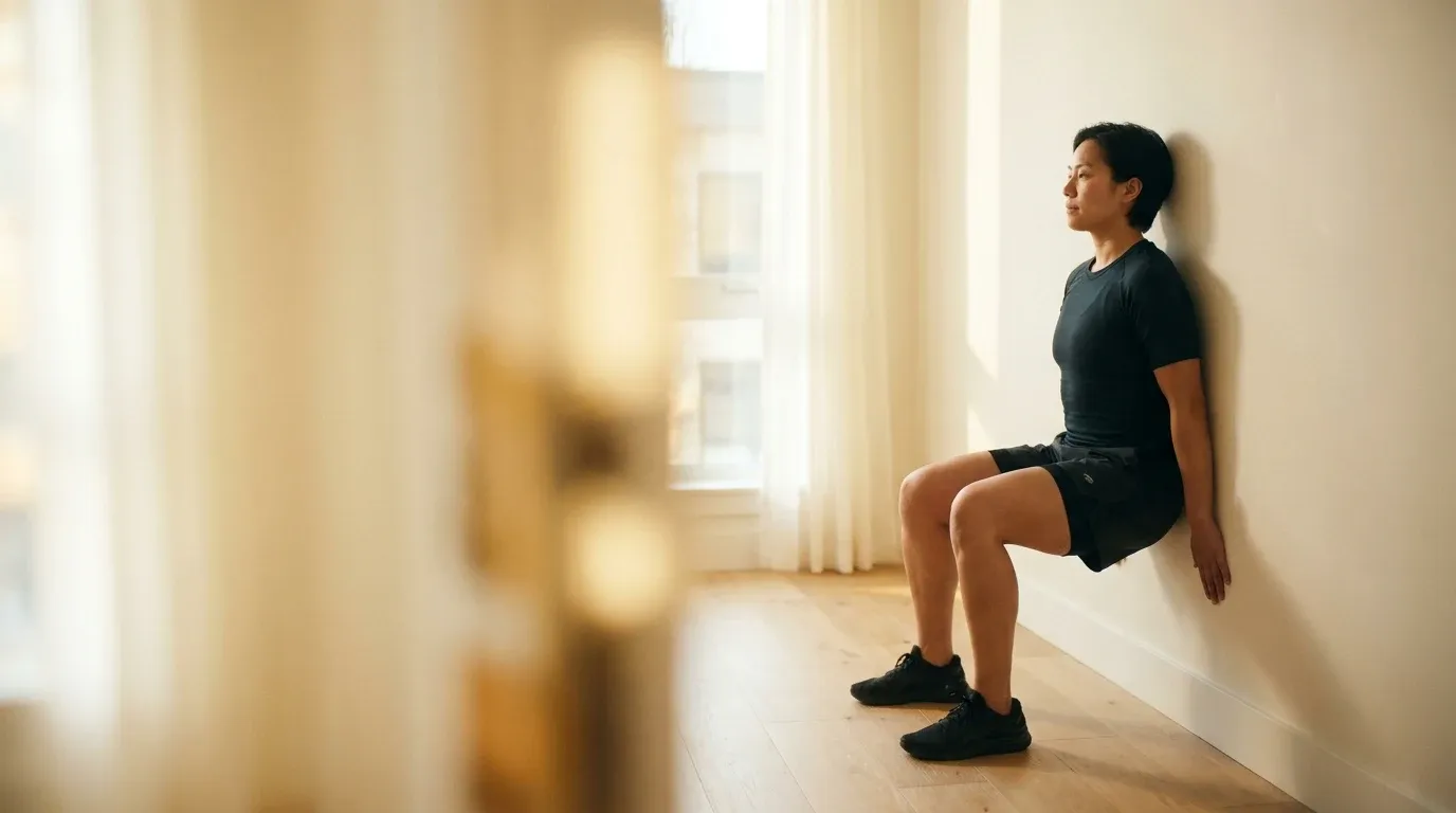 Person performing a wall squat against a white wall in warm golden light.