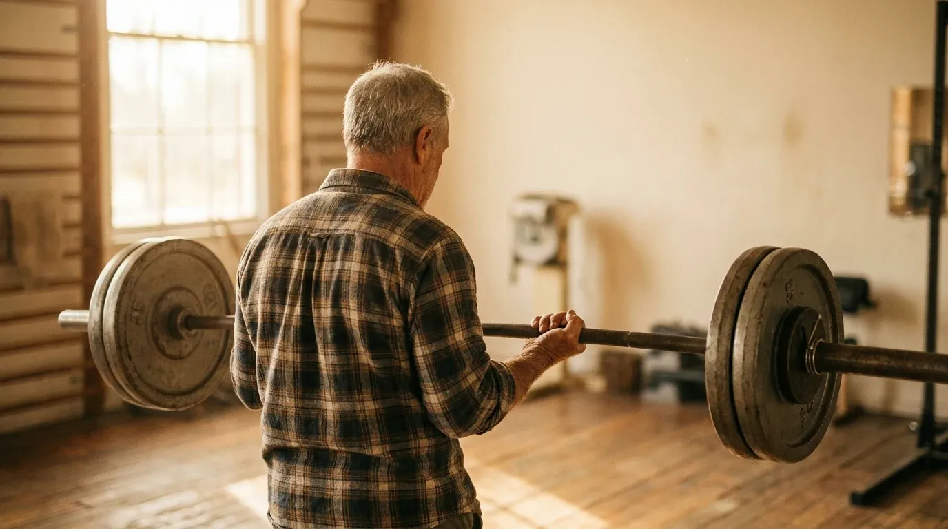 Older man performing a deadlift in a gym with strong grip, shot in warm golden light.