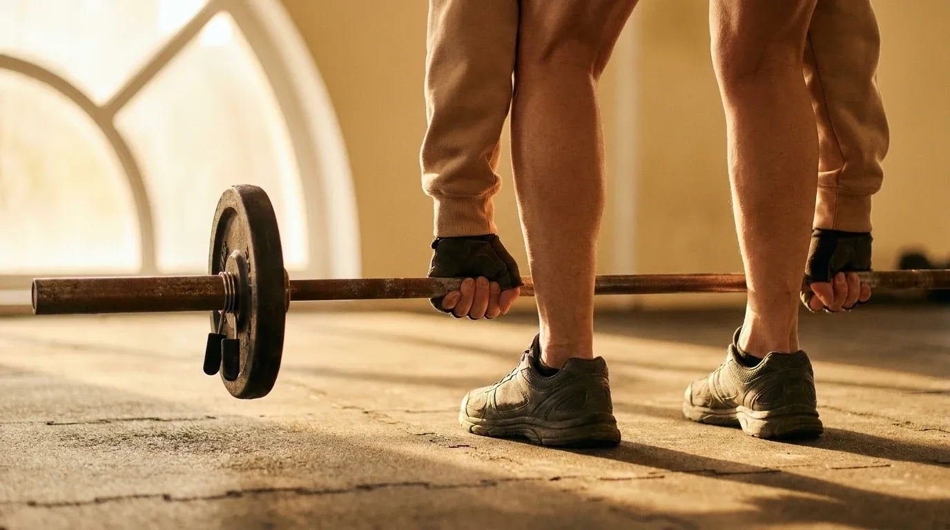 Close-up of a person's hands and shoes gripping a loaded barbell during a deadlift in warm golden light.
