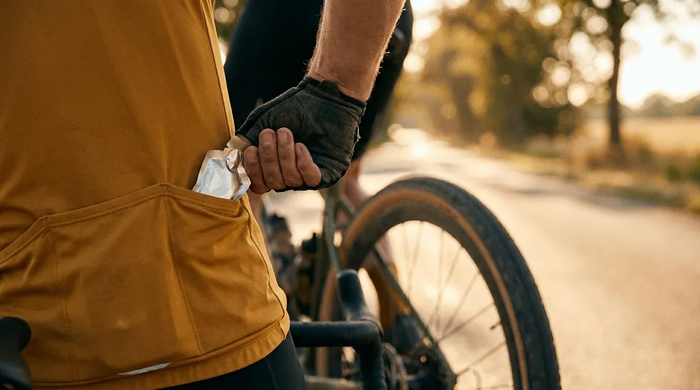Cyclist reaching into jersey pocket for energy gel while riding on a sun-drenched road.