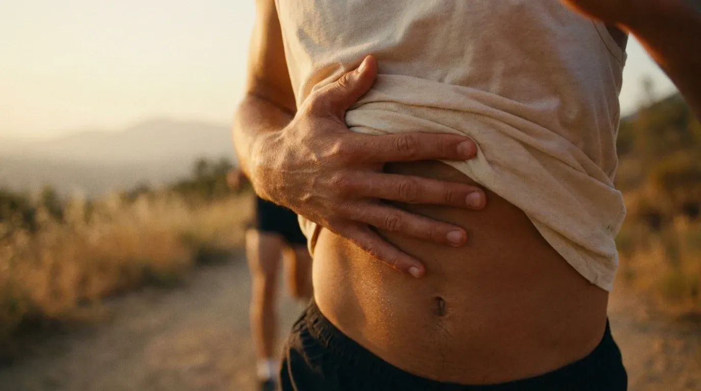 Runner holding their stomach mid-stride in golden hour light, expressing gut discomfort during exercise.