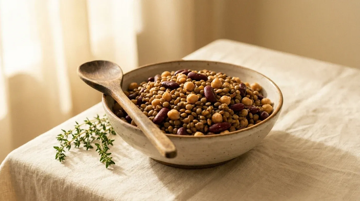 Ceramic bowl filled with lentils, chickpeas, and dark beans, with a wooden spoon and fresh thyme sprig.