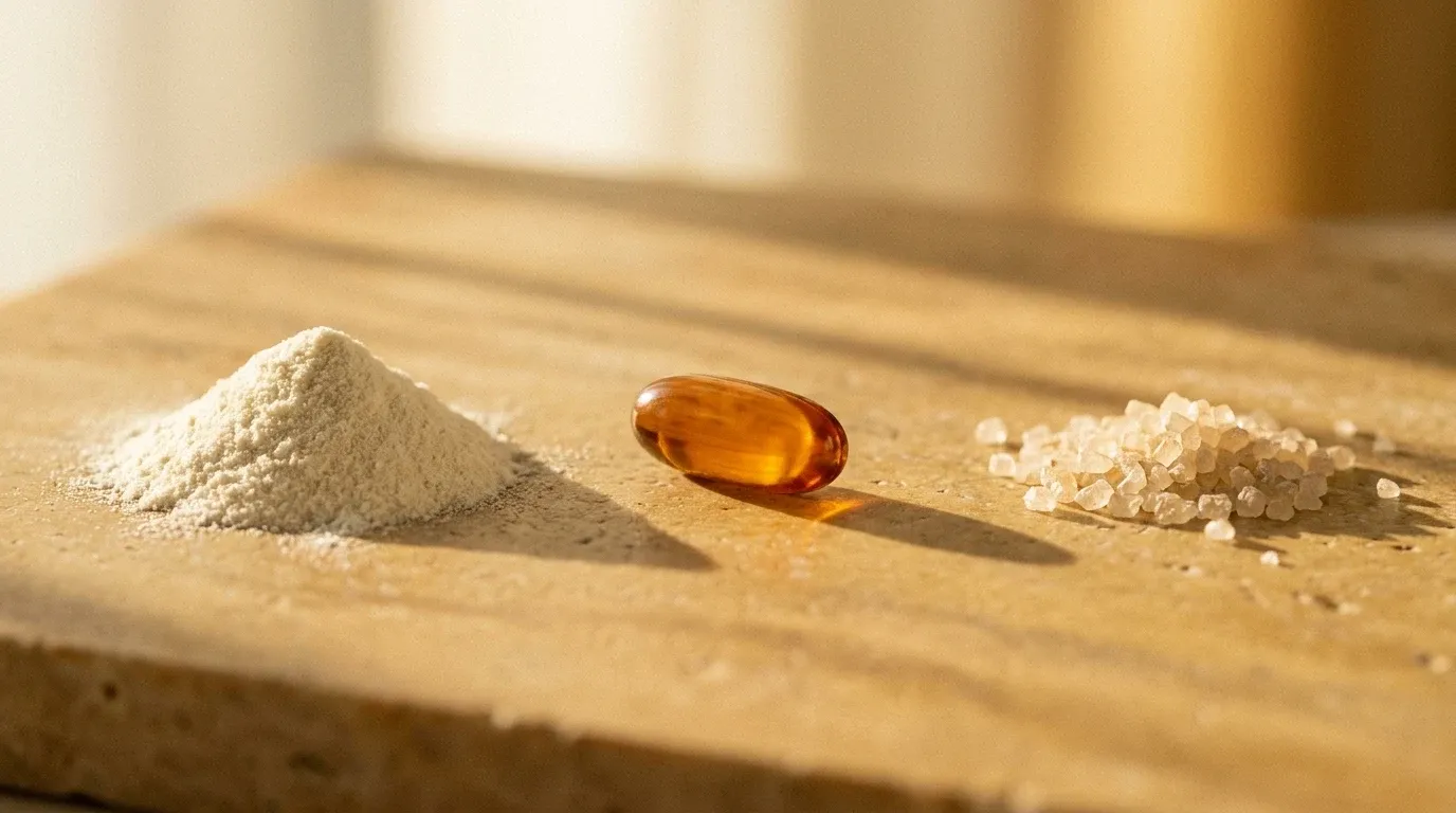 Three supplement ingredients arranged on a warm stone surface under golden natural light.