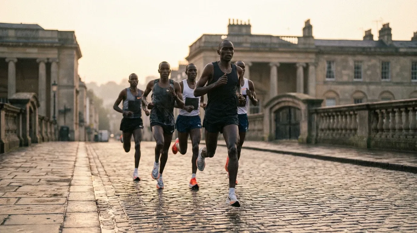 Elite runners in tight formation sprinting on a rain-wet city road at dawn with Georgian architecture framing the scene.