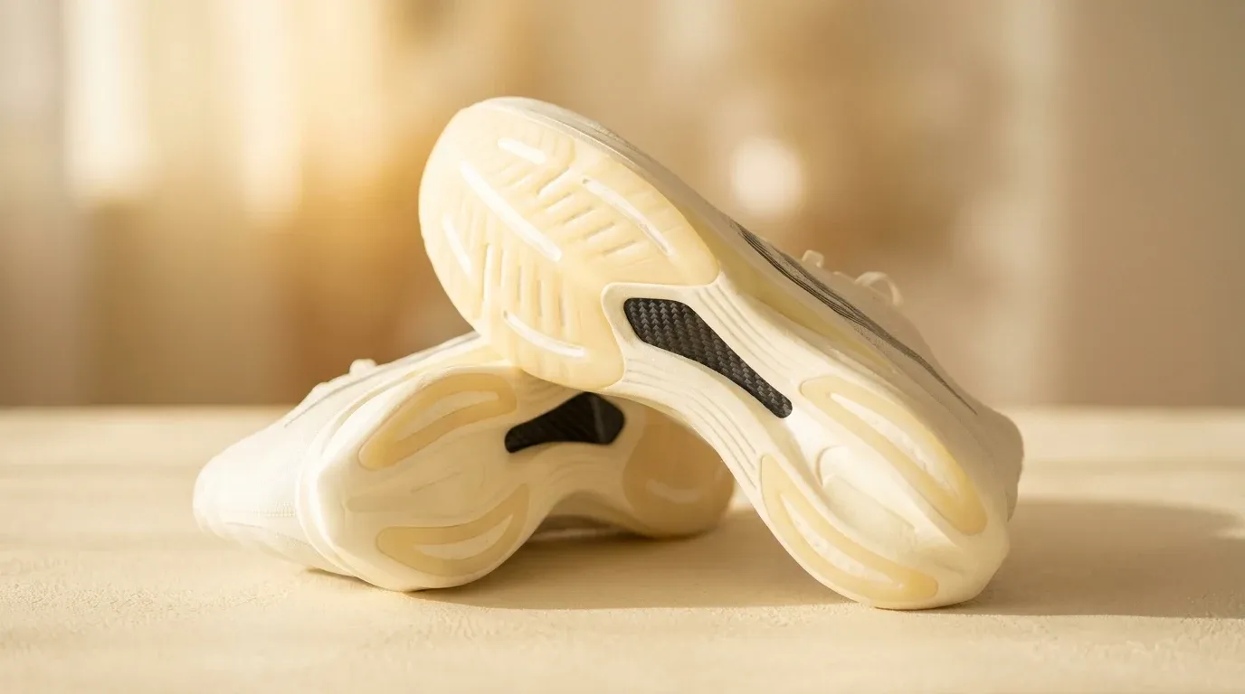 Close-up of advanced running shoes positioned sole-up showing visible carbon fiber plate and foam layers in warm morning light.