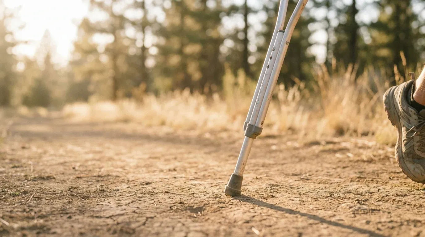 An aluminum crutch planted in trail dirt with a runner's shadow visible at golden hour in a pine forest.