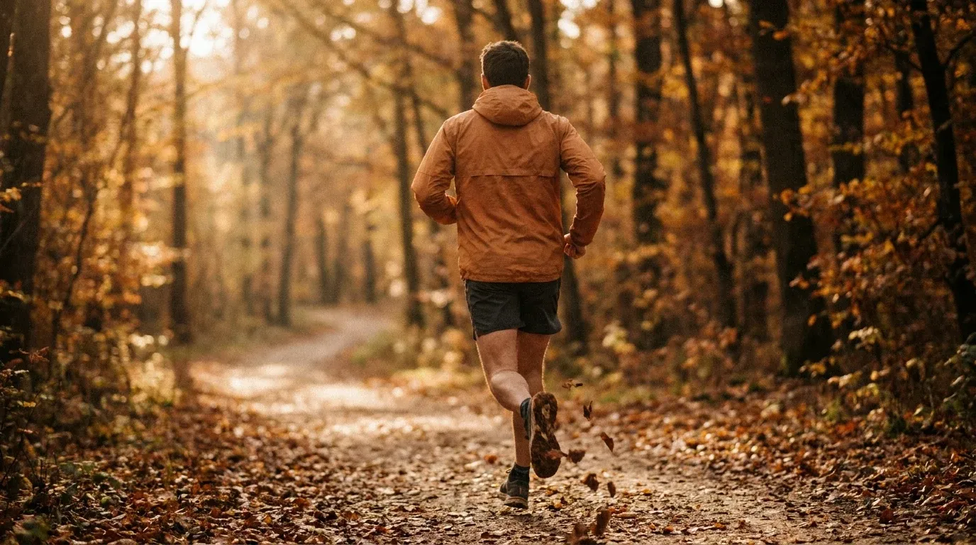 Trail runner mid-stride through golden October forest with amber foliage and soft morning light.