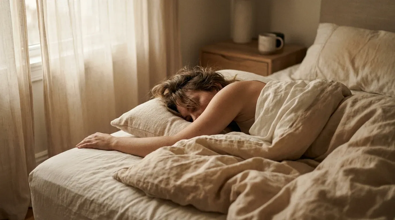 Woman lying on her side in rumpled bedding, illuminated by soft pre-dawn light through sheer curtains.