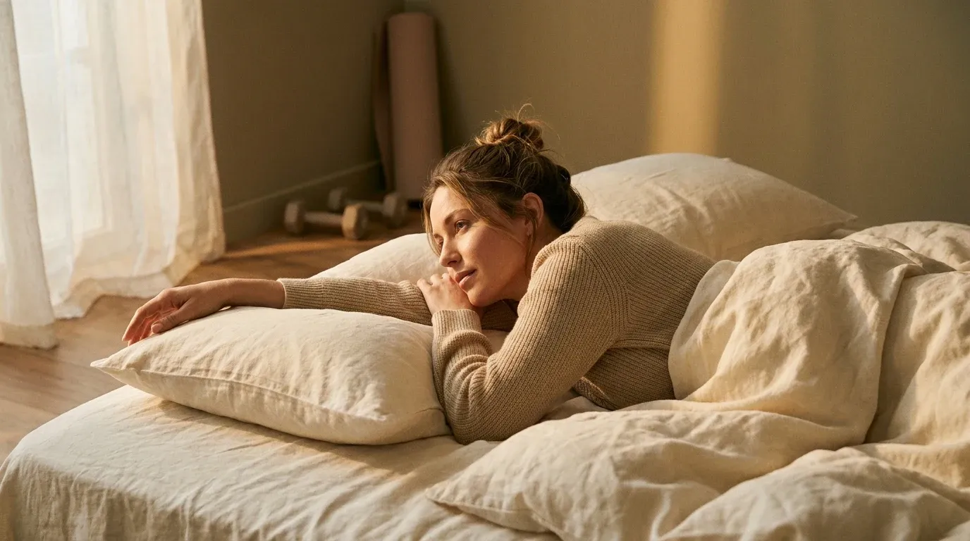 Middle-aged woman waking in bed with exercise mat and dumbbell visible in soft morning light.