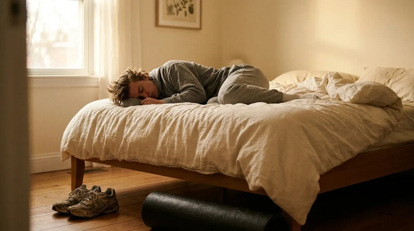 A person rests on a bed in soft morning light with running shoes and a foam roller nearby.