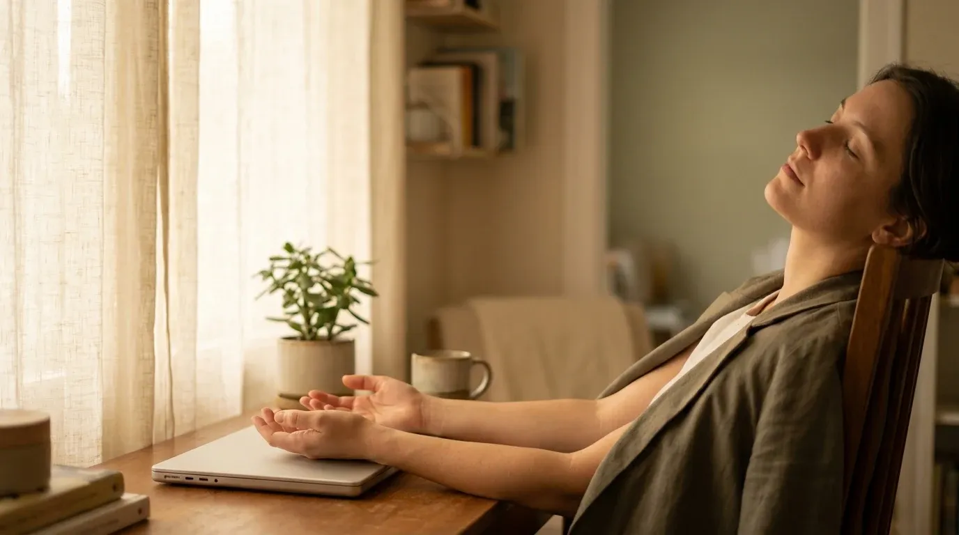 Person seated at a desk with hands resting on a closed laptop, embodying a conscious pause from work.