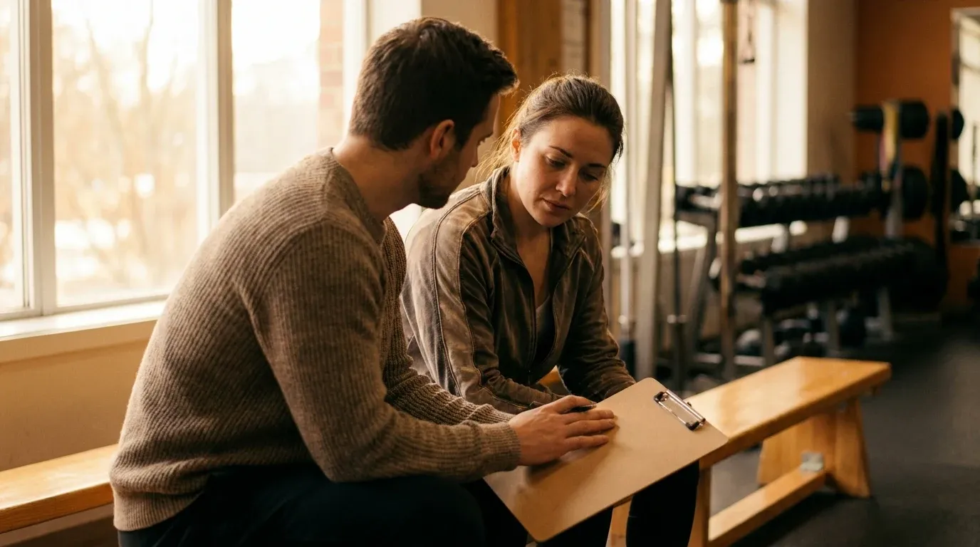 A coach and client seated closely together in intimate conversation, emphasizing the human connection at coaching's heart.