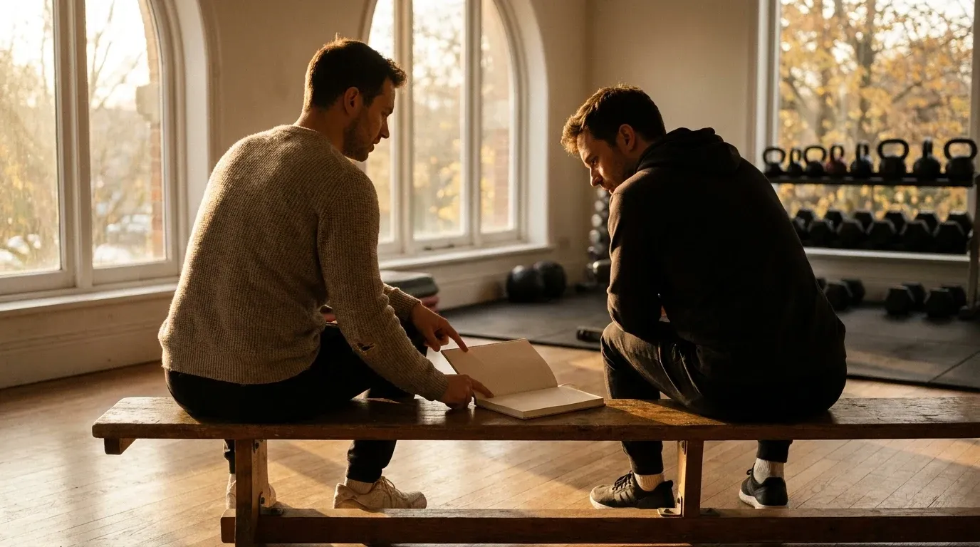 A coach points to a training notebook while advising a seated client at a gym bench in warm autumn light.