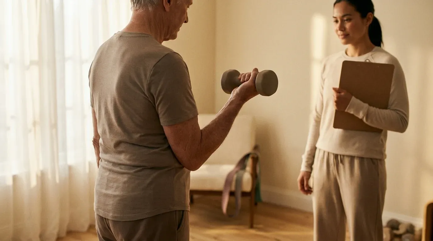 An older adult performs a controlled dumbbell curl while their attentive coach observes nearby in home gym lighting.