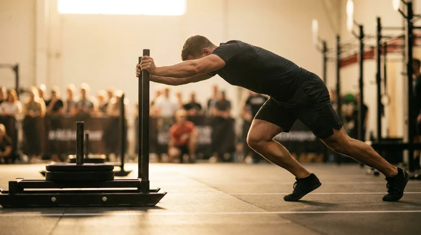 Male athlete driving a loaded competition sled forward in a powerful low-body stance during a HYROX race.