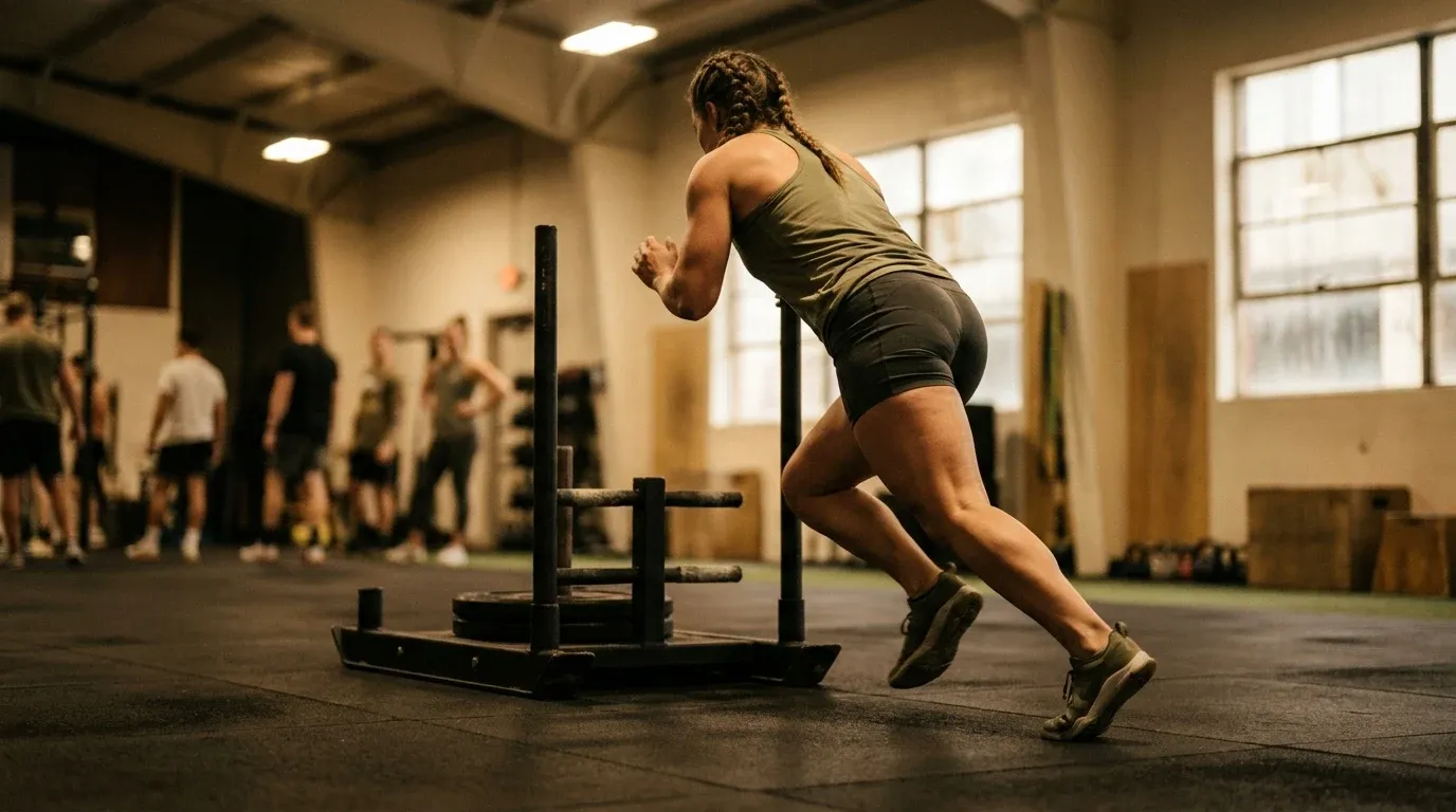 Athlete sprinting away from a sled push station with intense effort in a competition hall.