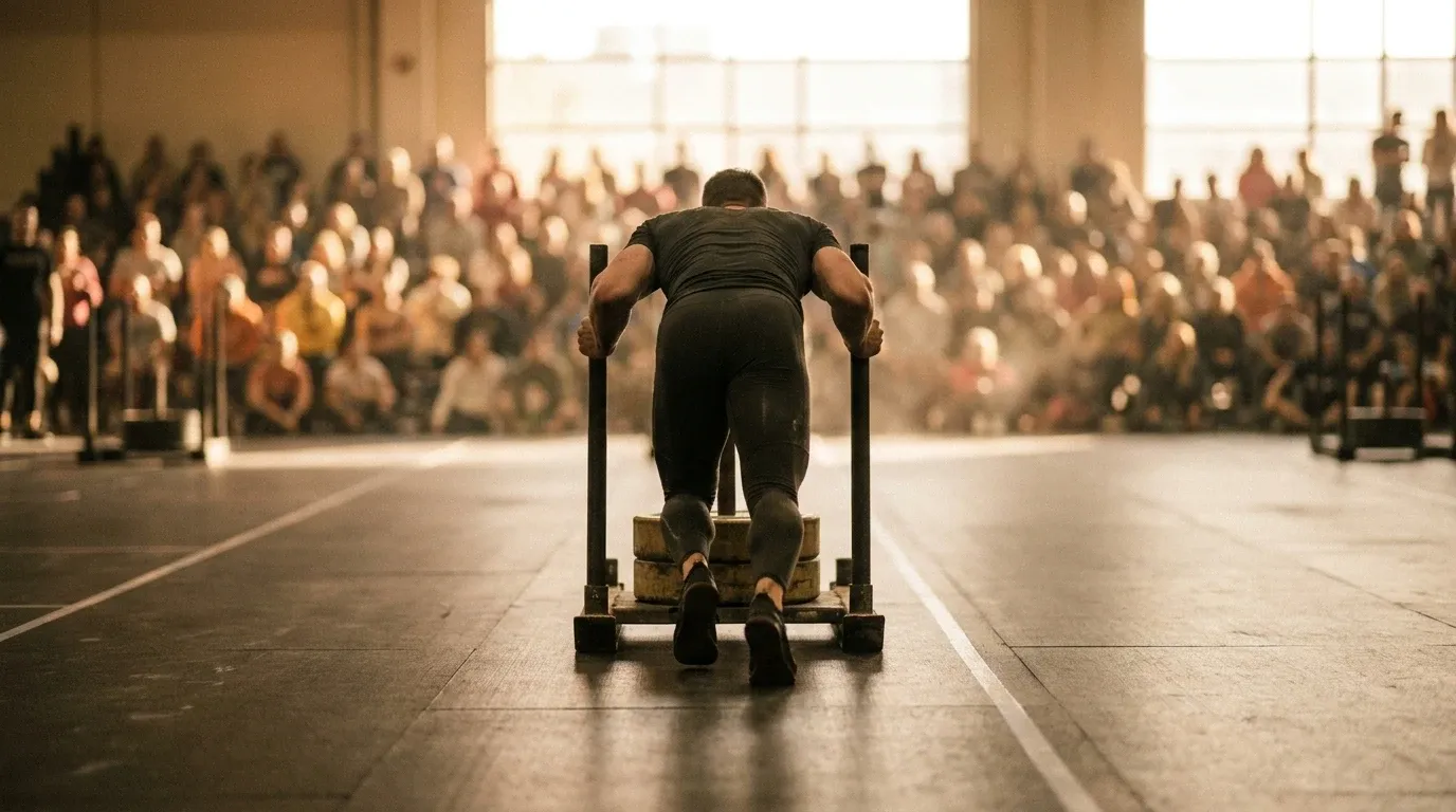 Athlete in horizontal position pushing a competition sled across gym flooring in warm golden light.